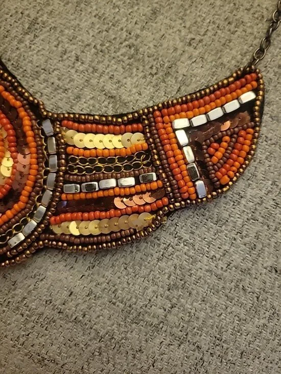 Ethnic Beaded Bib Collar Necklace Seedbeads Chains Sequins Handmade 80s - Picture 4 of 9